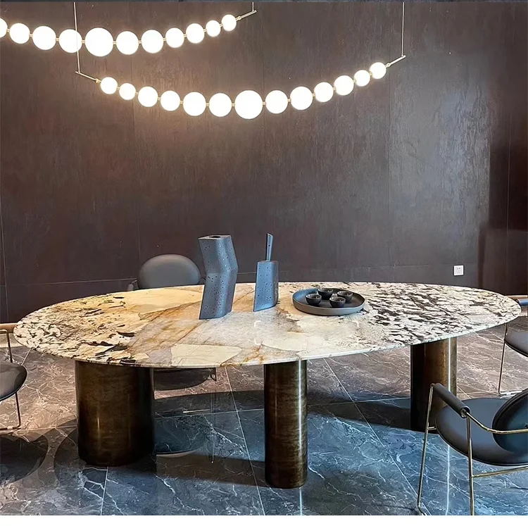 modern marble table top stainless steel base dining table  Italian luxury rectangular nature pandora marble dining table set