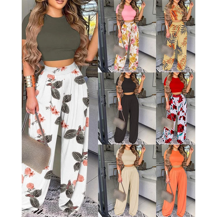 Z60603 Plue size Casual printing O Neck Short Sleeve women Sexy two piece Wide leg pants