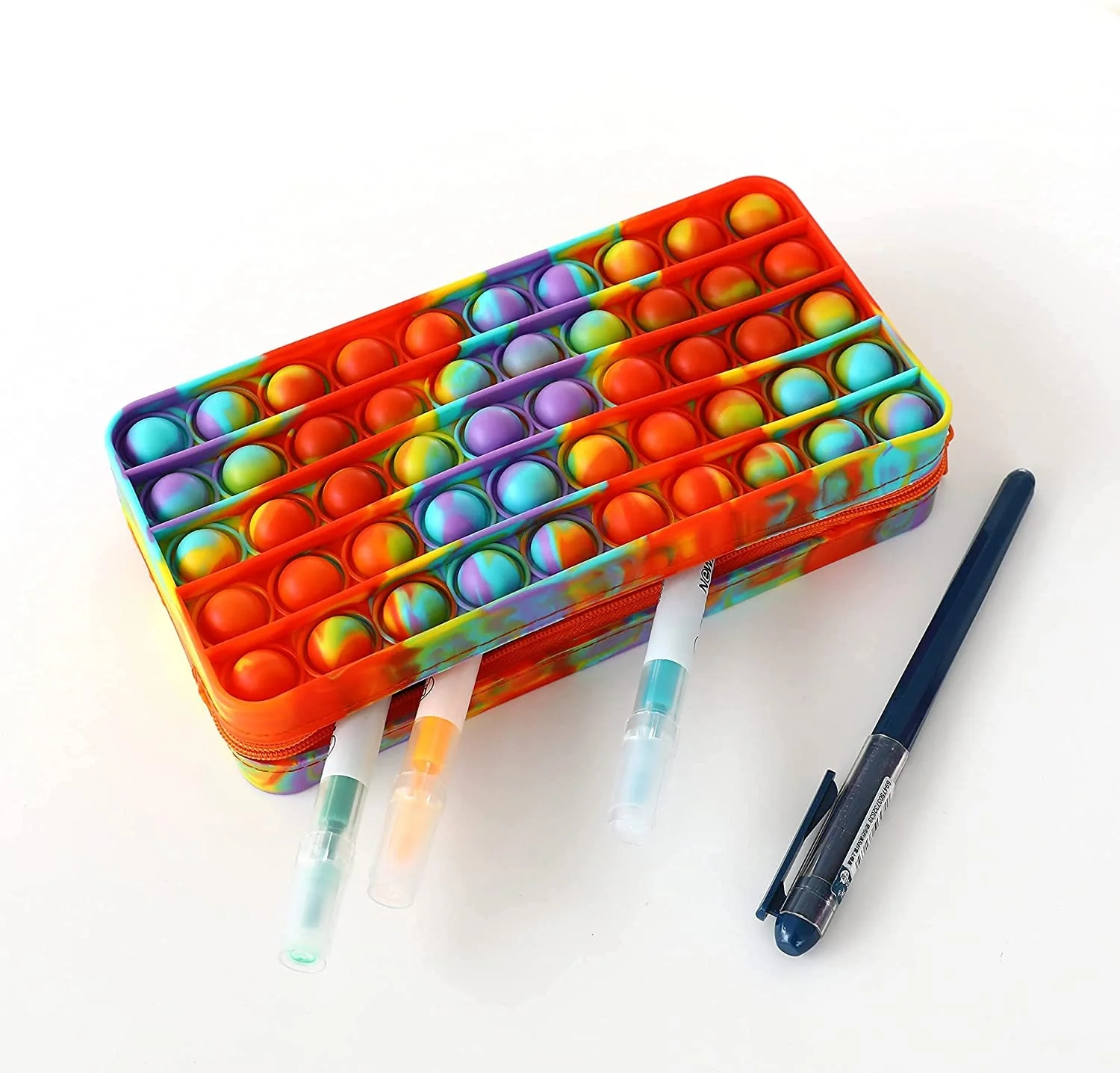 Custom Pop Fidget Up Out Silicone  Pencil Case Kids Students Stationery Box Rainbow Pop Push Pencil Pouch Bag