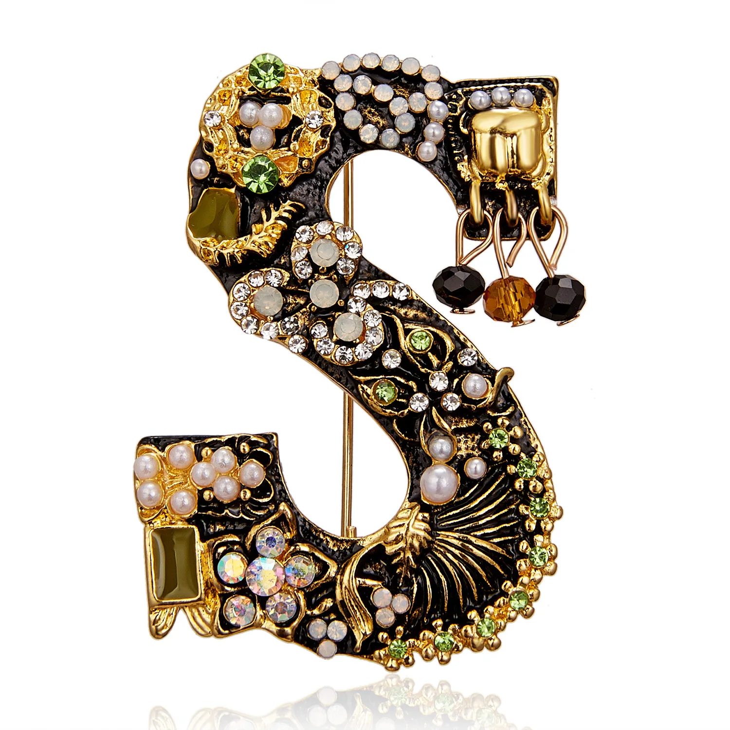 New Letter Pearl Brooch Fashion Wild Rhinestone Painting Oil Flowers Letter Brooch Pins for Women Girls