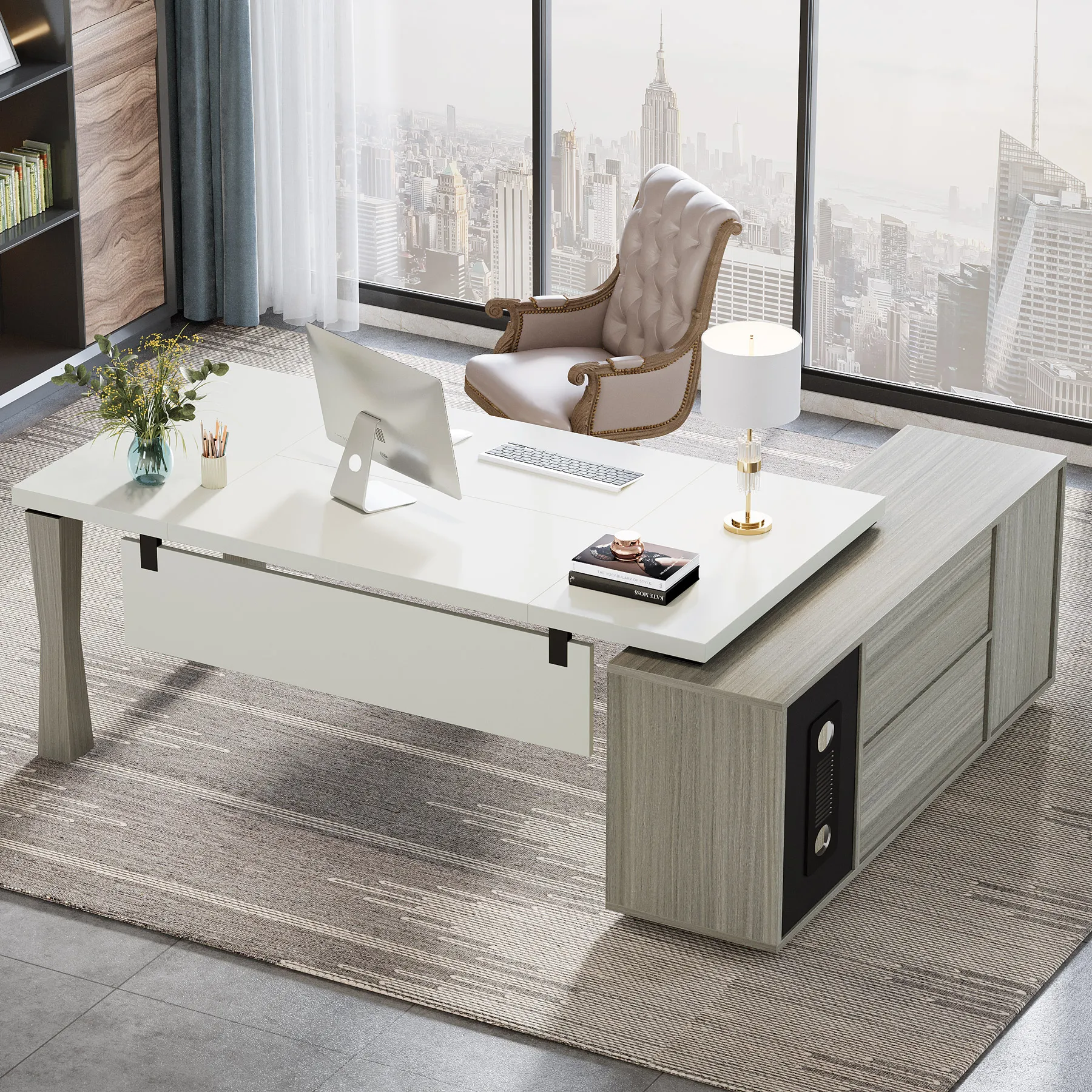 Tribesigns 71-Inch Executive Desk, L-Shaped Desk with Cabinet, Large Office Desk with Storage Shelves