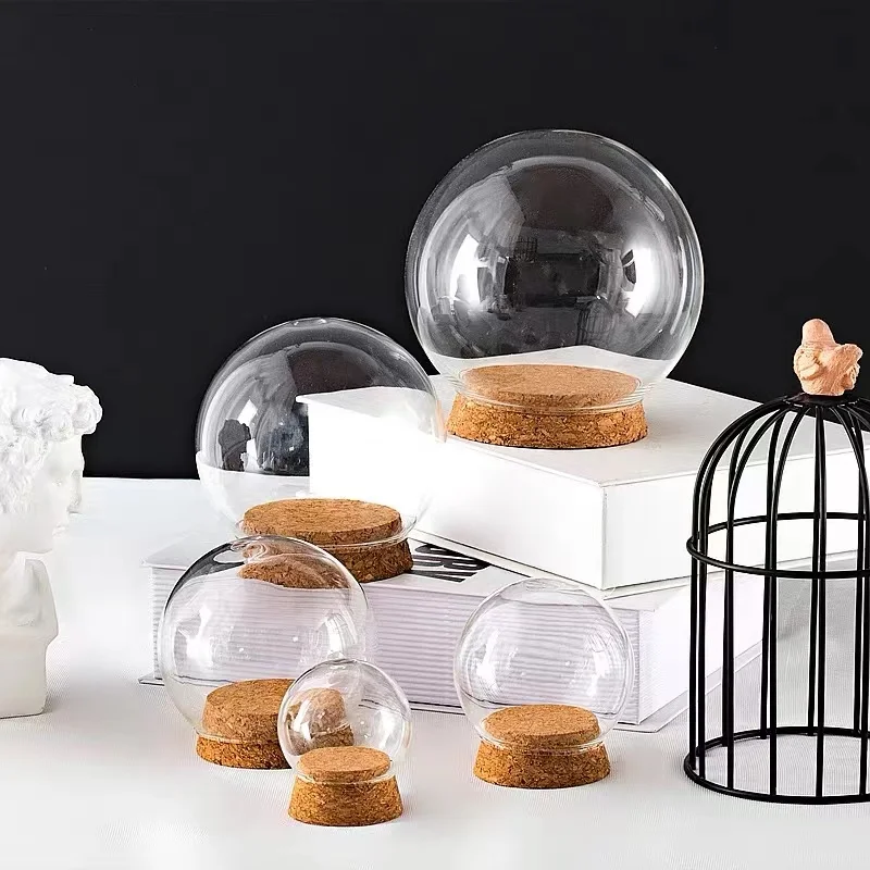 Домашний декор ручная работа прозрачный боросиликатный круглый шар стеклянный дисплей купол колокол крышка с деревянной пробковой основой