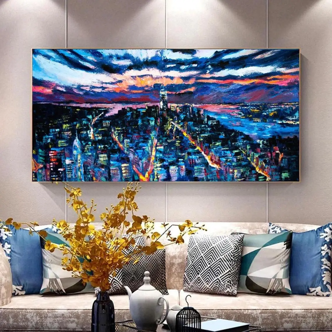 New York City Oil Painting Canvas Night Cityscape Lights Wall Art Urban Skyline Panoramic NYC Home Decor Handmade