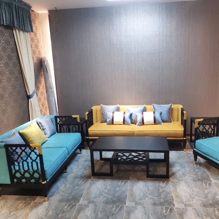 Chinese royal sofa sets wood curved waiting room 3 seater creamy velvet furniture sofa