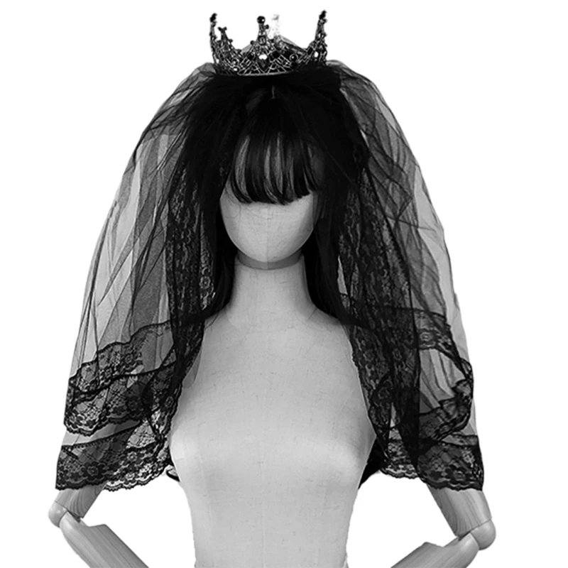 
New selling ghost bride wedding party lace black veil princess crown Halloween headdress 