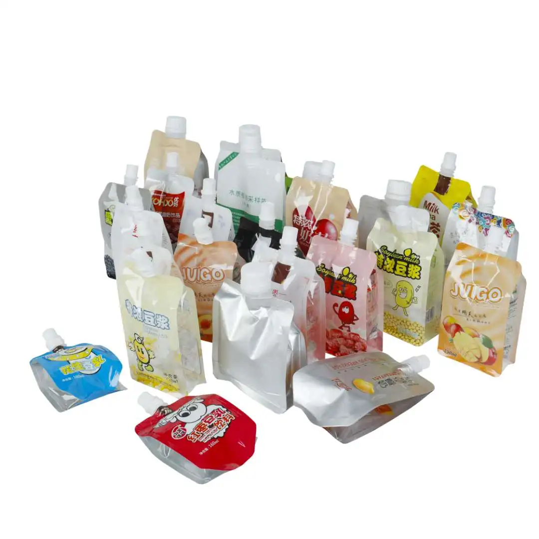 BPA free reusable clear baby food squeeze shaped spout pouch packaging bag for fruit juice with big screw spout