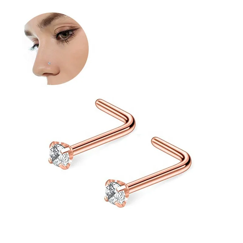 Surgical Steel Simple L Shape Septum Nose Rings Body Piercing Jewelry With Zircon Nose Studs