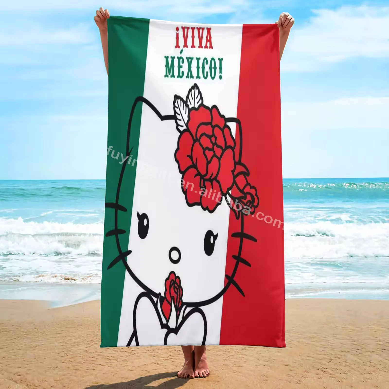 2024 Hot New VIVA Mexico Kitty Puerto Rico Flag Football Cat Printed Bath Towel Cartoon Square microfiber Quick Dry Beach Towel