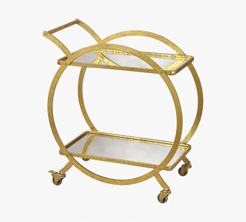 Bar Cart Furniture 2 Tier Gold Metal Kitchen Serving Bar Trolley Cart For Dining Room
