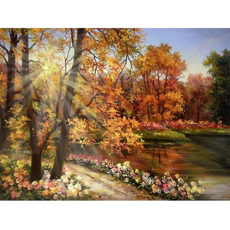 
Hot Selling 5d Diy Diamond Paintings Indoor Decorative Paintings with Flowers and Trees by The River Cross Stitch Embroidery 