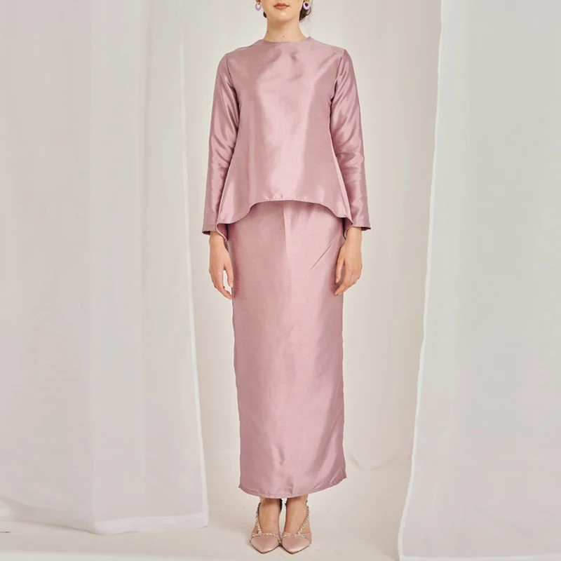 Custom fashion solid color pink elegant baju kurung 2024 modern malaysia islamic clothing satin baju kurung