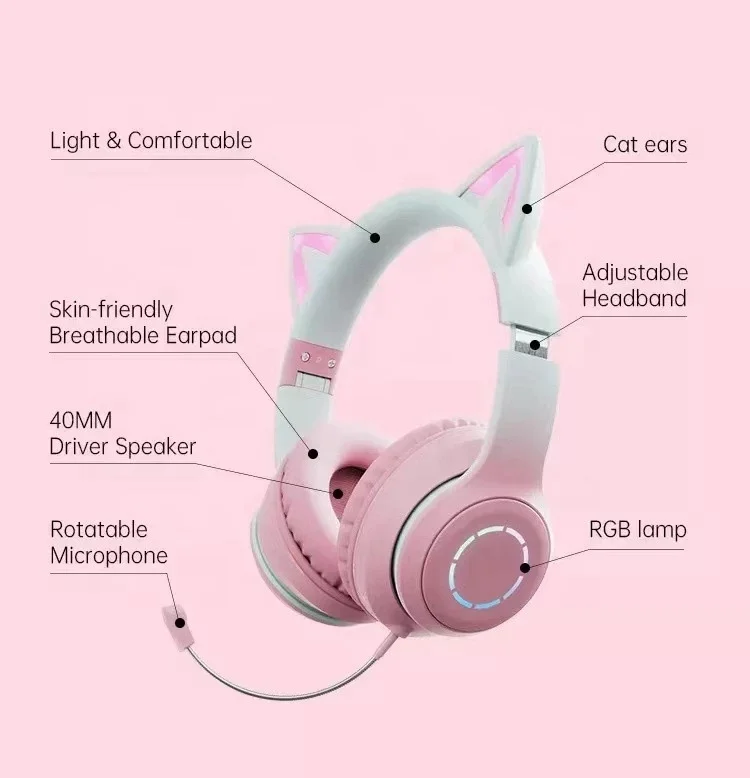 Christmas Gifts Lovely Cat Ears Gradient Colorful LED Light Foldable Wireless Headphone Gaming cute headphones for girls bt029c