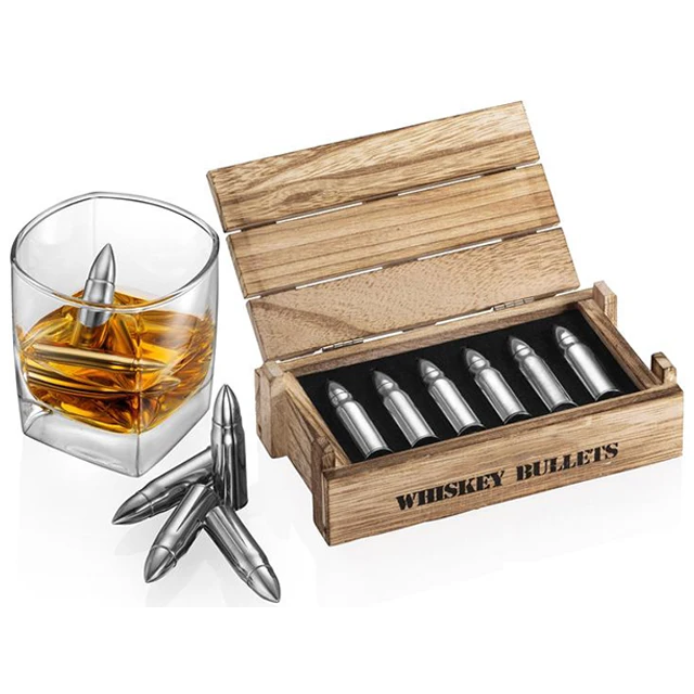 
Лидер продаж, кубики виски в форме пули, кубики из нержавеющей стали для виски, деревянная коробка gfit 
