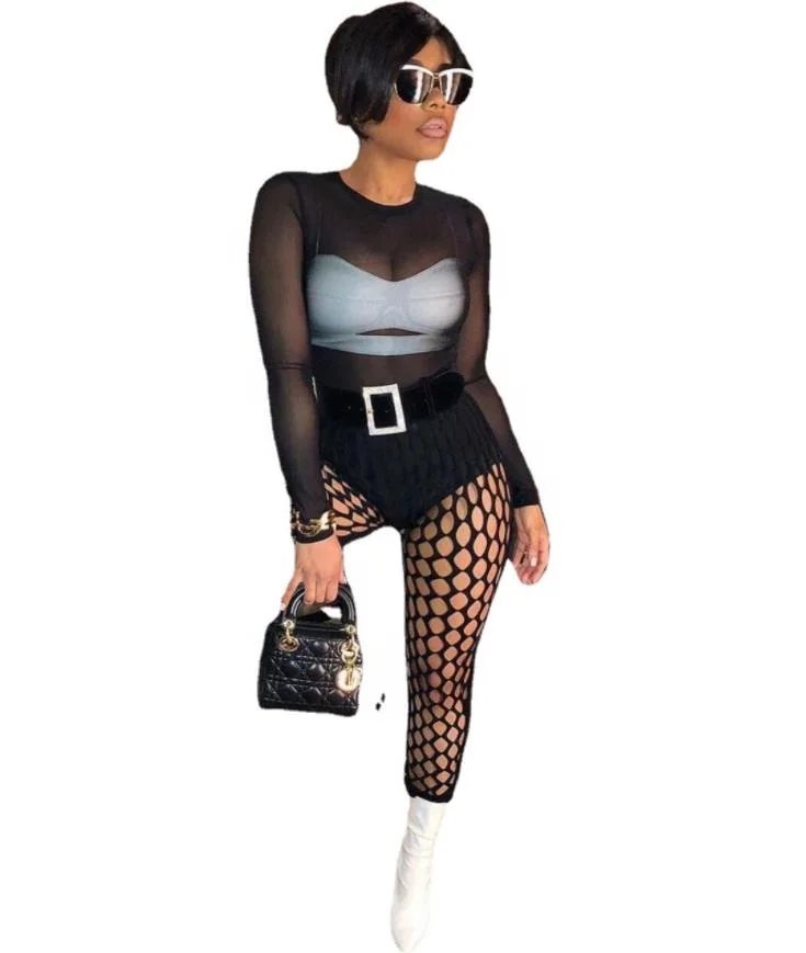 
New arrival 2021 women pants women sexy mesh pants solid color see through pants 