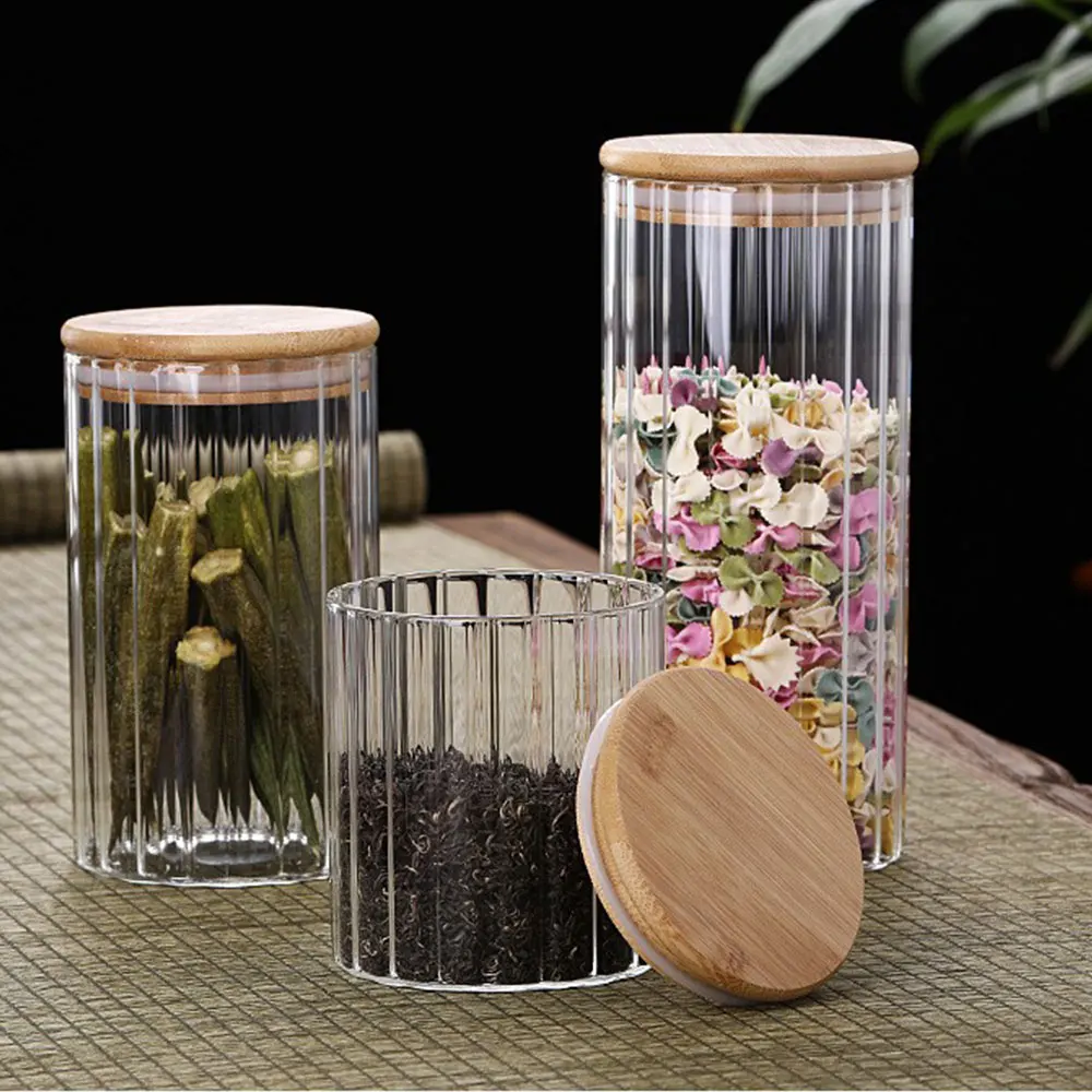 Vertical Grain High Borosilicate Glass Storage Jar with Bamboo Lid and Copper Ring Handle Glass Container Jar