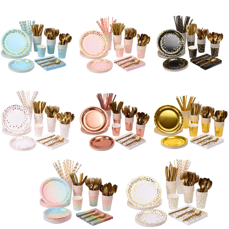 Disposable Tableware Set Paper Cups Plates Straws Cake Stand Table Decoration Wedding Supplies