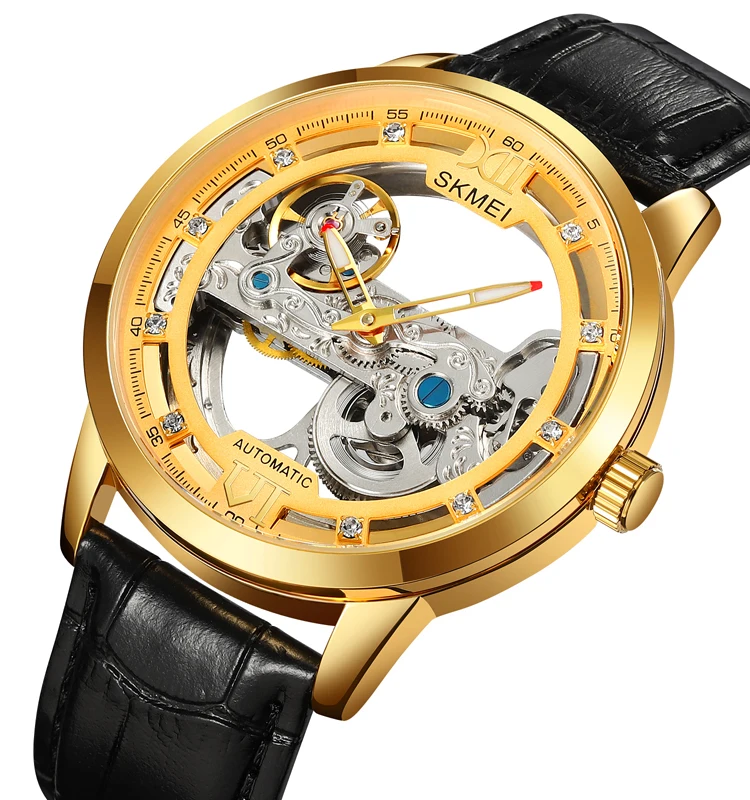 high quality waterproof skmei M031 luxury gold skeleton transparent men mechanical leather strap automatic watch