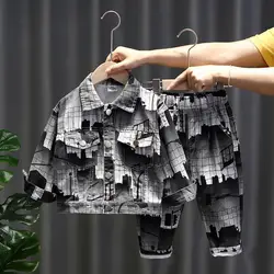 Spring and autumn kids printed clothing sets children long sleeve clothes suits baby boys denim jackets and pants