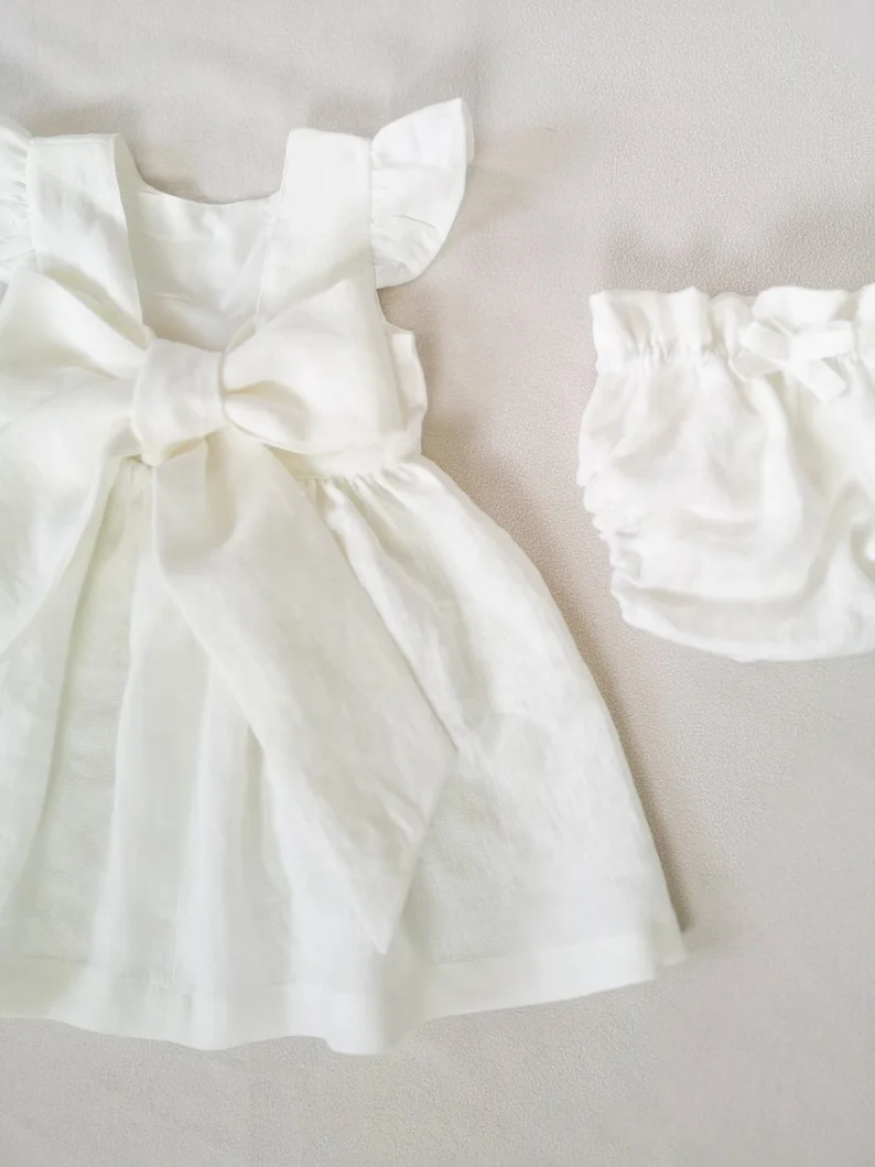 Custom Wholesale Solid Color Casual Clothes Linen Organic Cotton Ruffle Shoulder 1 Year Girl Baby Summer Dresses