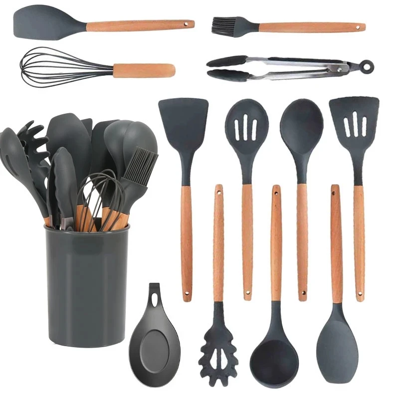 12 PCS Non-stick Silicone cooking tools with Wooden Handles Home And Kitchen Silicon Utensils Set