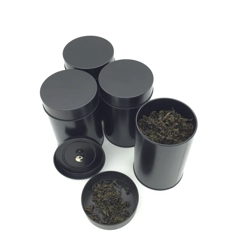 Round tea tin box with inner lid  black and white color