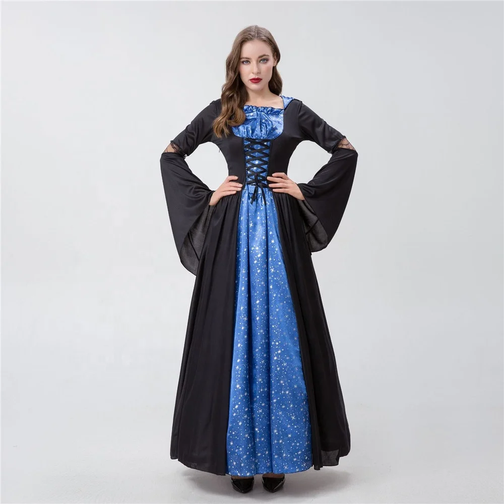 New Women Spring Autumn Halloween Girls Cosplay Witch Nightclub Queen Long Dress Party Game Costumes Dresses With Ha