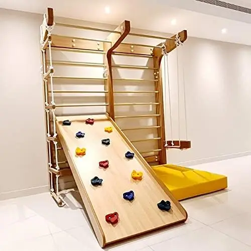 LM KIDS Kids Swedish Wall with Climbing Ramp Swing Rope Indoor Outdoor Play set for Kids