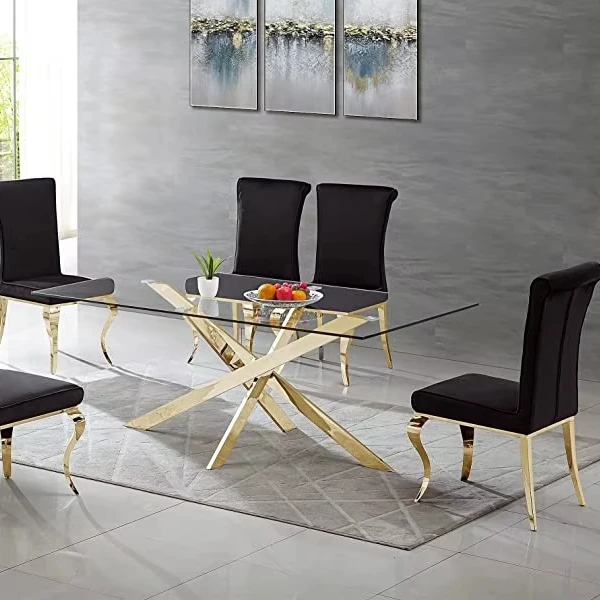 Contemporary Glass Dining Table Tempered Glass Top Kitchen Tables With Silver Stainless Steel Base For Dining Room Living Room