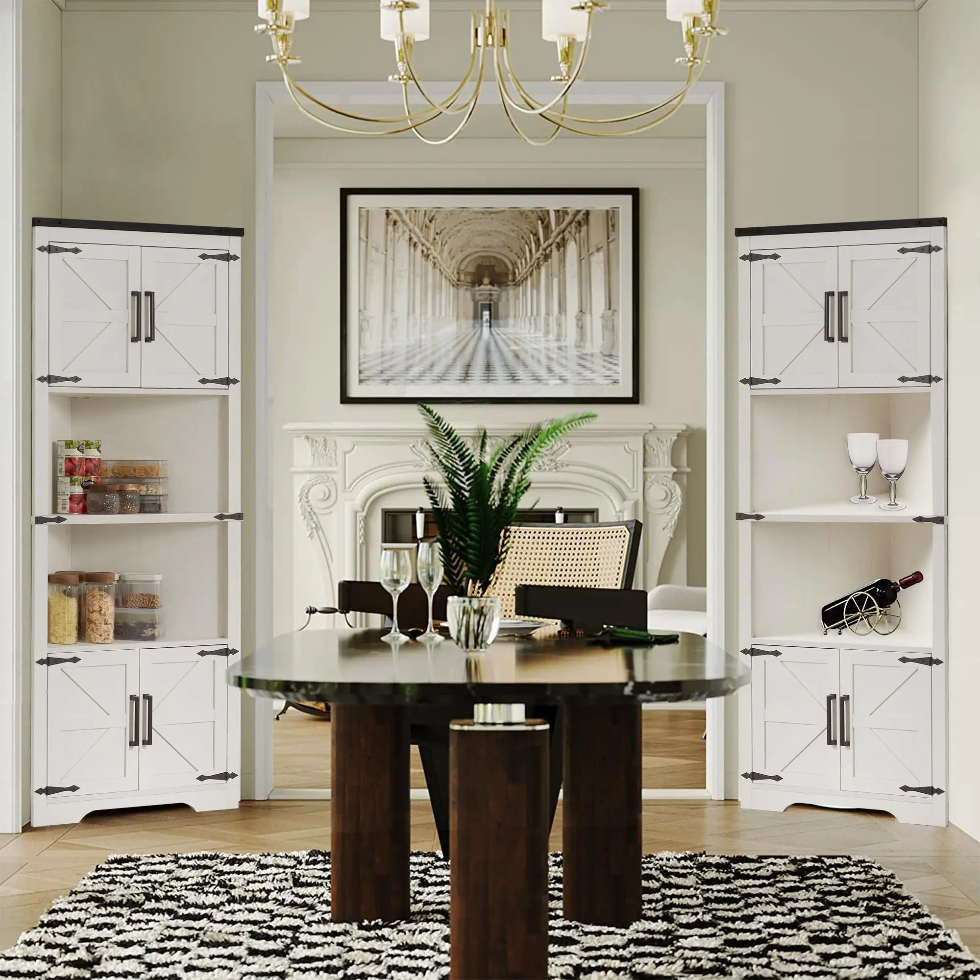 modern wooden Corner Cabinet Tall Corner Storage Cabinet with Barn Door Design Adjustable Shelves for Living Room