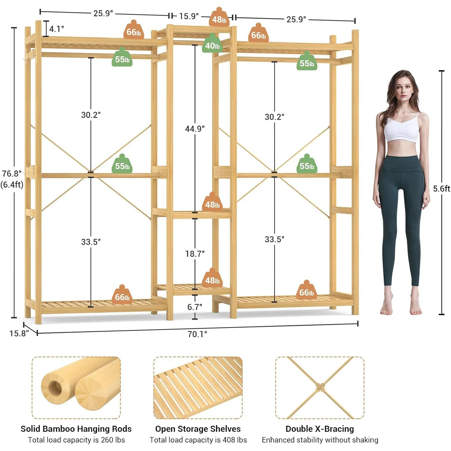 Bamboo Closet System Clothes Rack with 7 Storage Shelves and 5 Rods Large Freestanding Garment Rack Wooden Clothing Rack