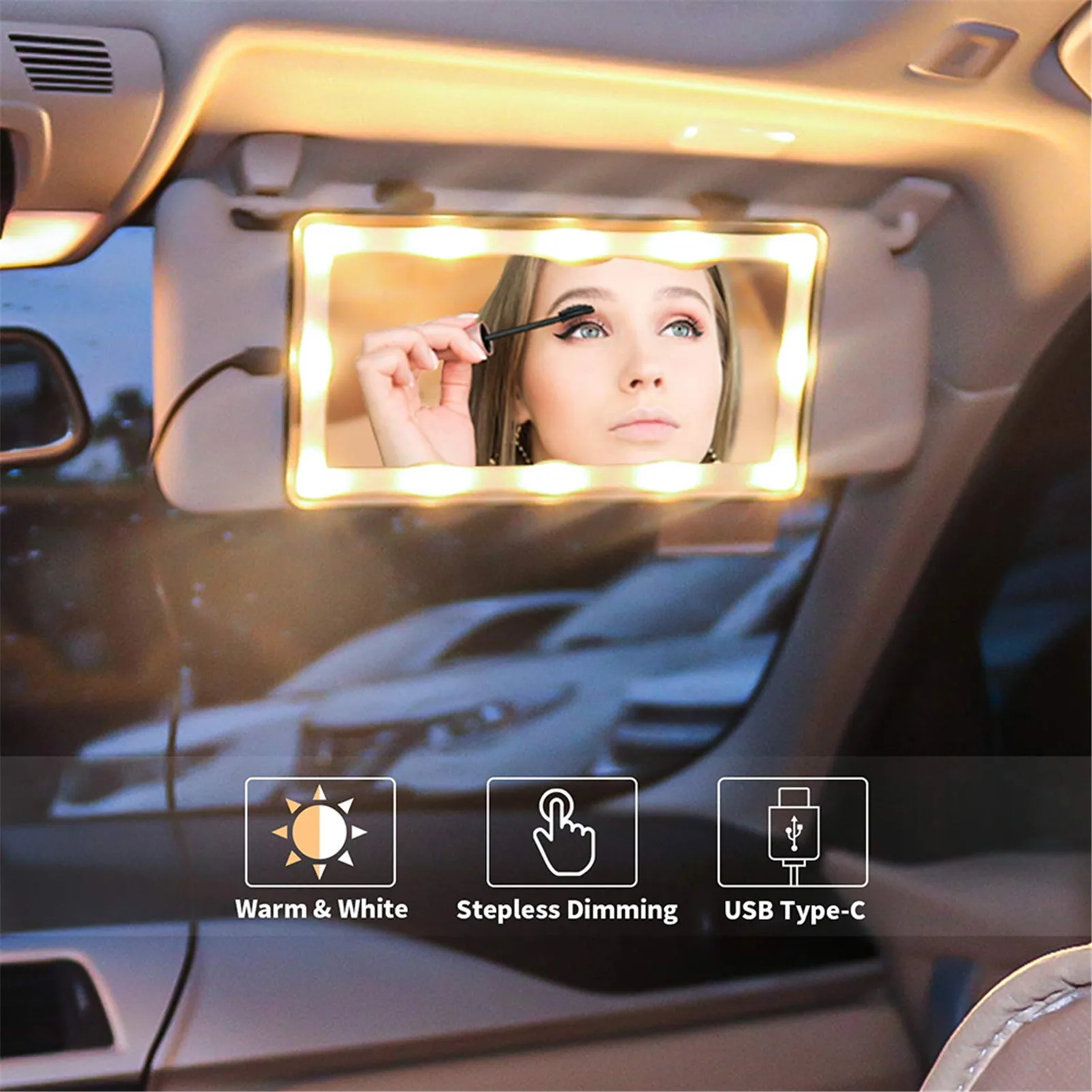 Touch Switch 3 Light Modes Adjustable Fasten On Car Rechargeable Car Visor Vanity Mirror