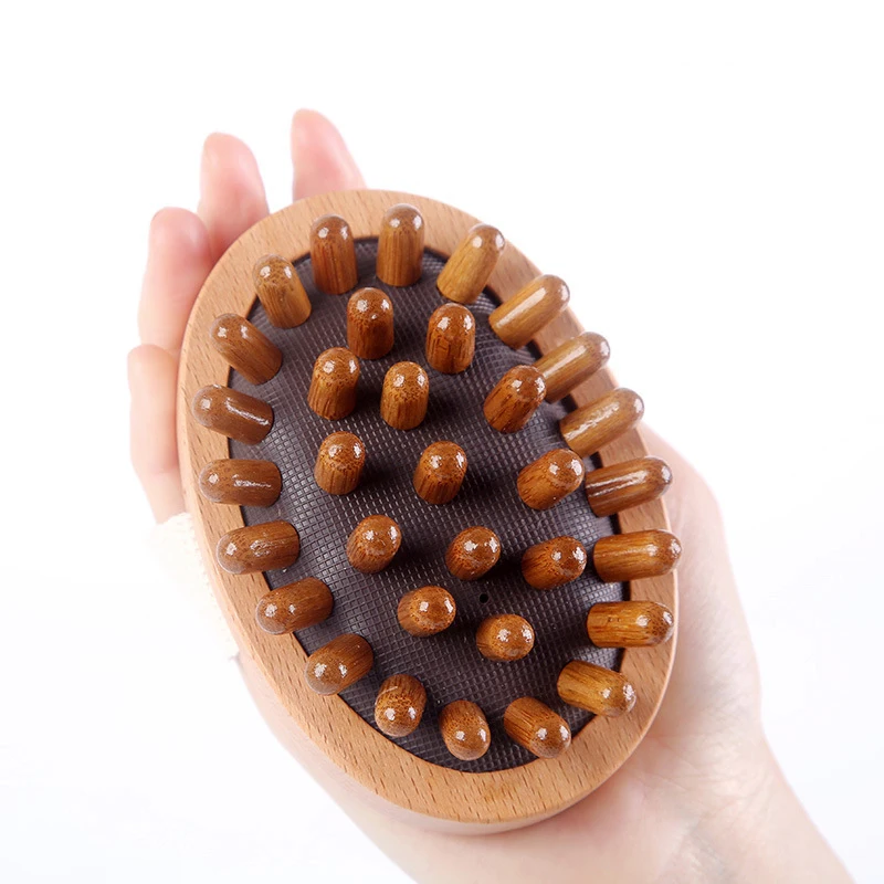 Custom Logo Natural Wooden Essential Oil Massager Body Brush round Bamboo Nylon Bath Brushes for Cellulite Shower SPA Home Use