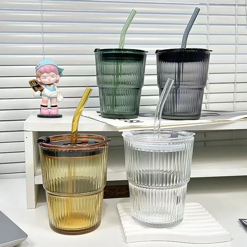 Portable Classical Ribbed Glass Tumbler Cup With Straw And Lid Vertical Stripes Glass Coffee Mug