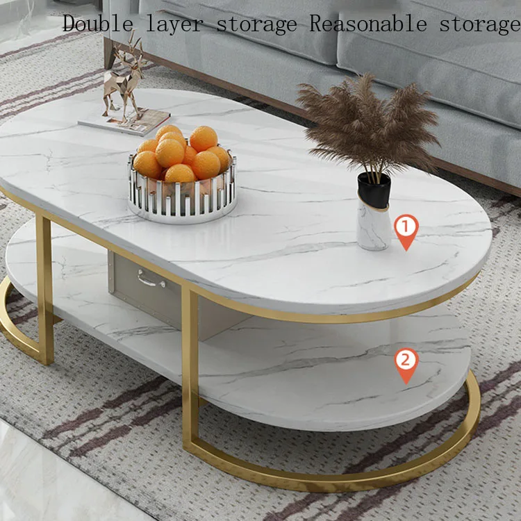 Modern luxury marble oval tea table iron art metal frame single double deck sofa small table living room household