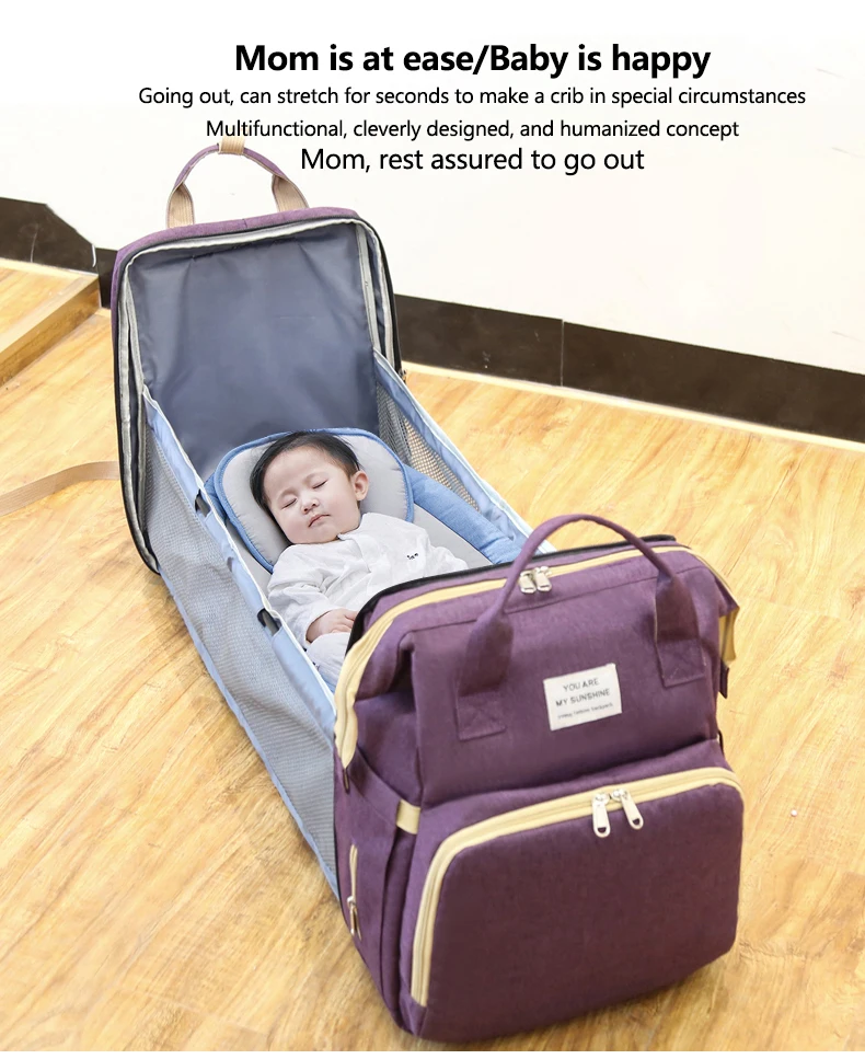 Fashion Customized Multifunction Large Capacity Waterproof Baby Reusable Diaper Bag Backpack With Bed Changing Station