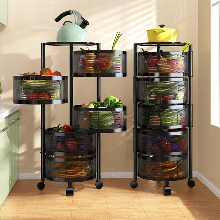 360 Degree Mobile Rotating Storage Rack Basket Vegetable Fruit Mesh Rack Kitchen Storage Storage Trolley Kitchen Trolley Cart