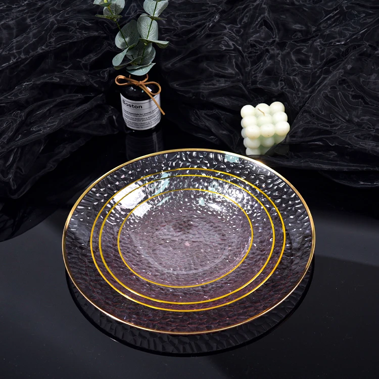 Wholesale durable transparent powder gold edged plastic dining plate 7-inch disposable tableware set