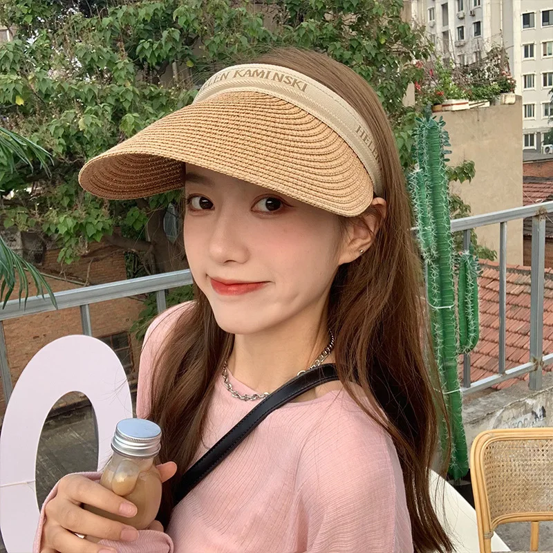 2022 trend sun hat ladies summer sun protection straw hat all-match riding headband empty top sun hat