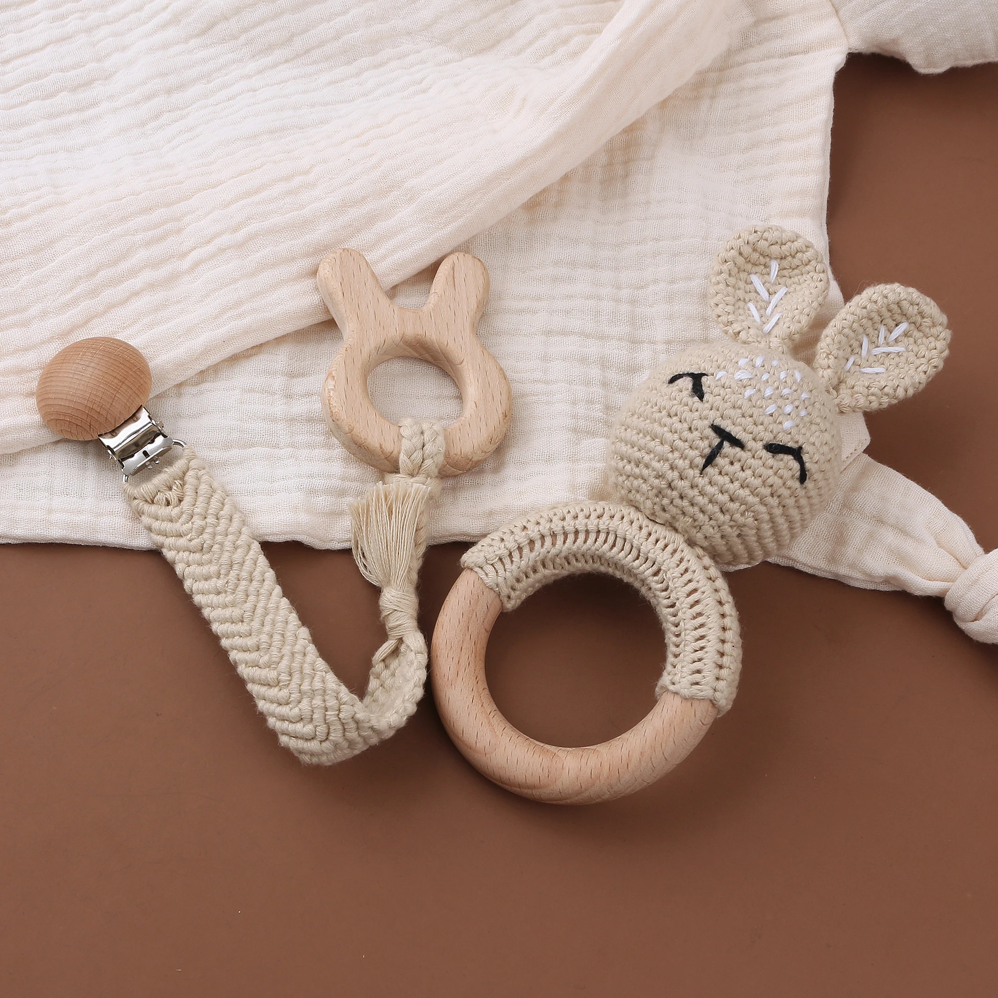 Factory Directly sales Baby Crochet Bunny Rabbit Teether Rattle With Bells Weave Pacifier Clip Wooden Rings Baby Toys Suit Set
