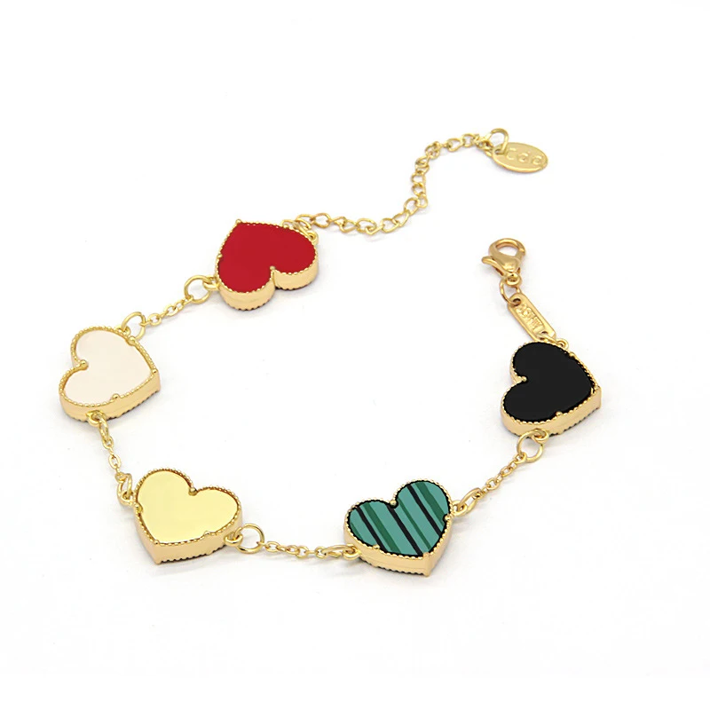 Stock gold plated double sided love heart shape bracelet jewelry adjustable acrylic leaf clover bracelet for women