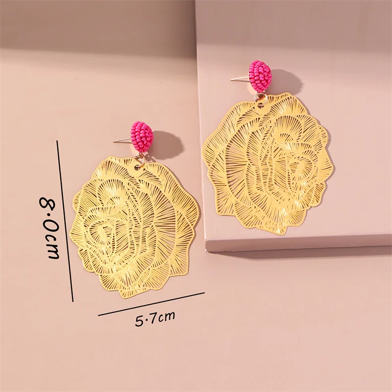 Fashion Carved Peony Flower 18K Gold Plated Big Dangle Earrings Personality Jewelry Statement Drop Earrings