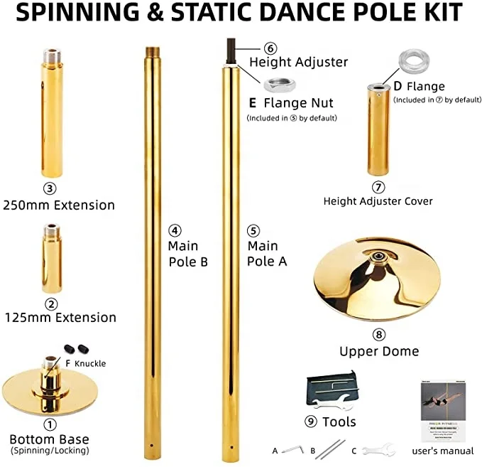 45mm Professional Spinning Golden Dance Pole For Home ,Club,Gym ,Bar