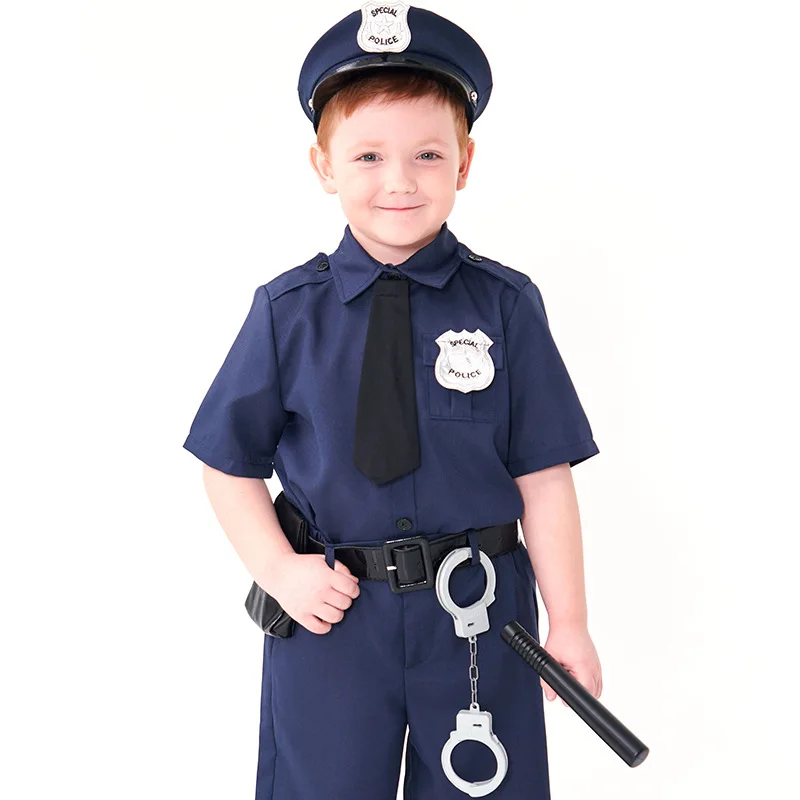 Hight Quality Police Officer Cosplay Cute Police Uniform Blue Suit With Hat Costume Halloween  Boy