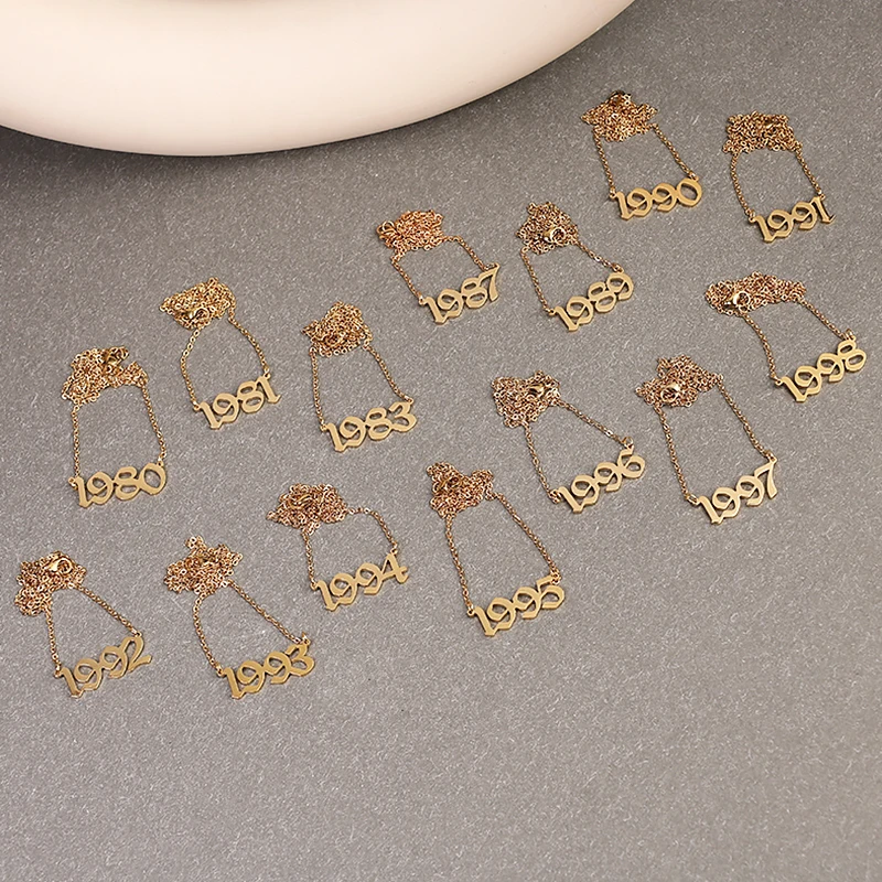 Wholesale Custom Women Jewelry Non Tarnish Free Waterproof Number Pendant 18K Gold Plated Stainless Steel Birth Year Necklace
