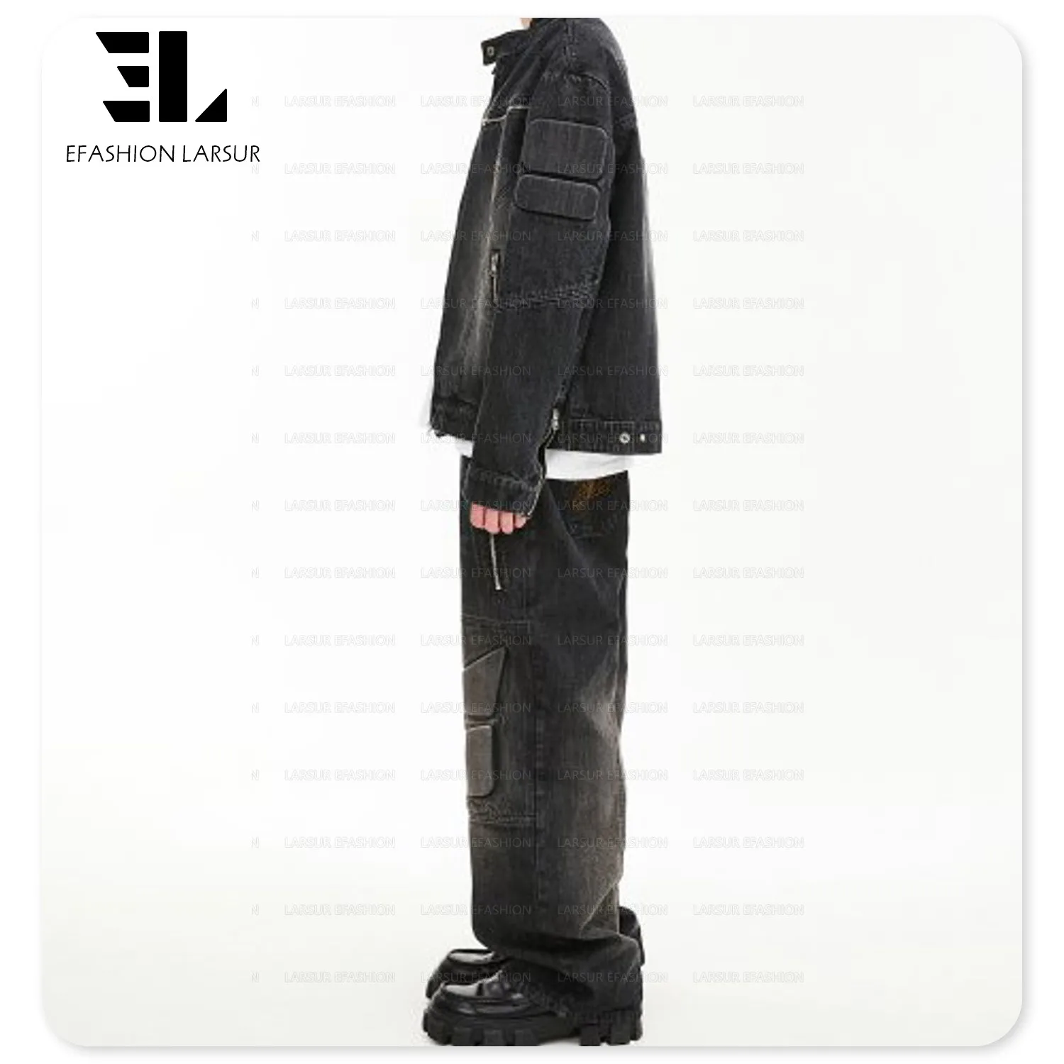 LARSUR Custom factory 3D embroidery knee quilted patch knee biker cargo jeans straight embossed padded moto biker denim pants