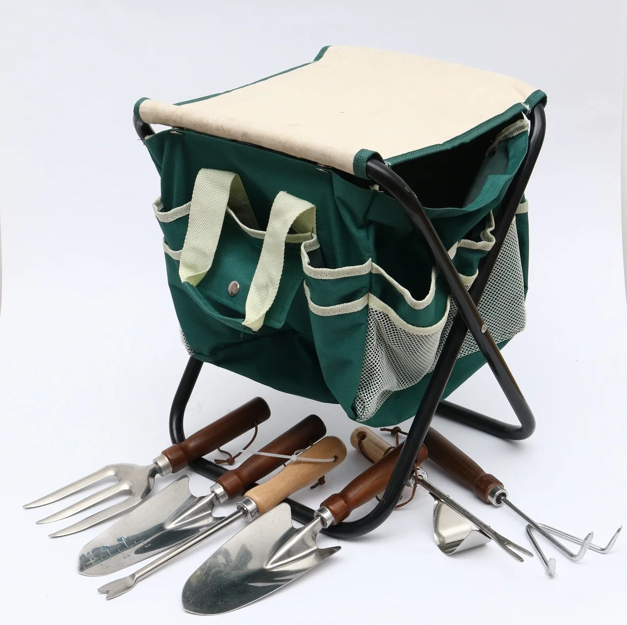 Gardening Digging Tools Kit Set Eco-Friendly Stainless Steel 5pcs Portable Shovel Spade Rake Root Cutter Foldable Chair with Bag