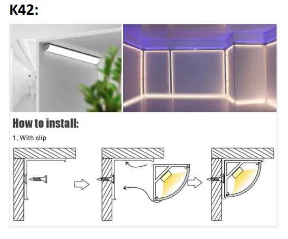 
High quality 6063 T5 Aluminum Alloy Mounted 90 degree corner K42 with PC diffuser corver led aluminum profile 