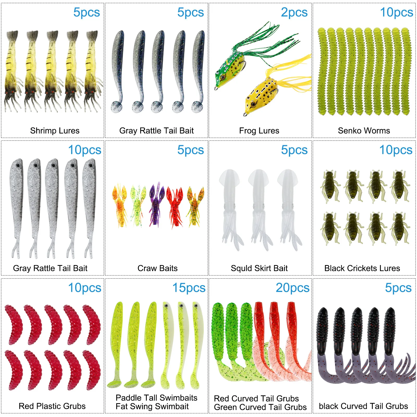 High quality 102 pcs reel tail soft bait  frog soft fish squid shrimp with hooks  freshwater saltwater sets fishing tackle boxes