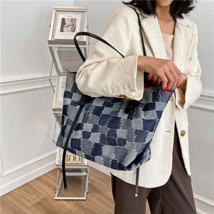 2023 Trendy Handbag Large Capycity Canvas Shoulder Bag Bolso De Mano Hombro Mujer Hot Sell Grid Pattern Oversized Tote Bag