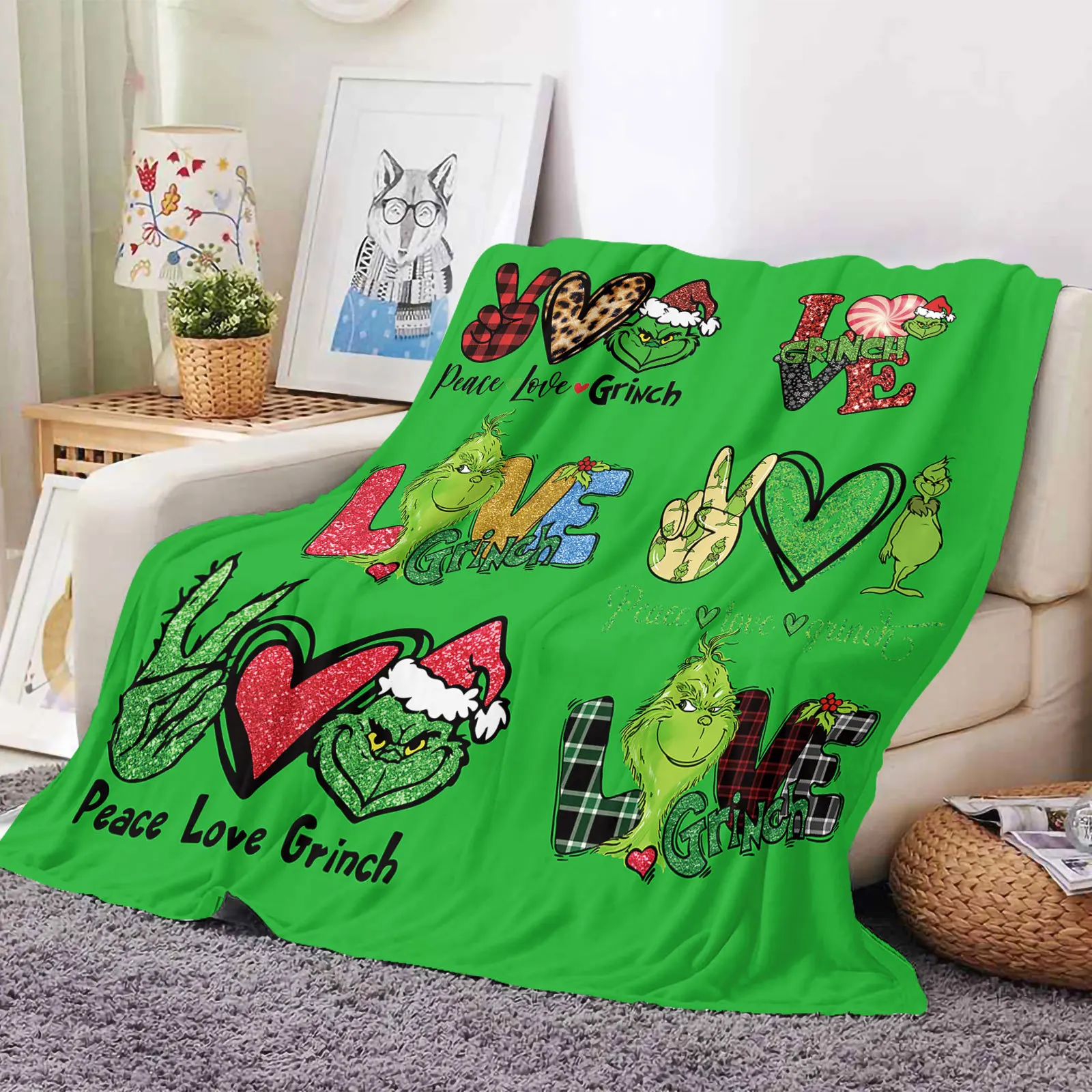 Custom printed soft warm thick baby lamb velvet green fur strange ruffled flannel fleece throw blanket